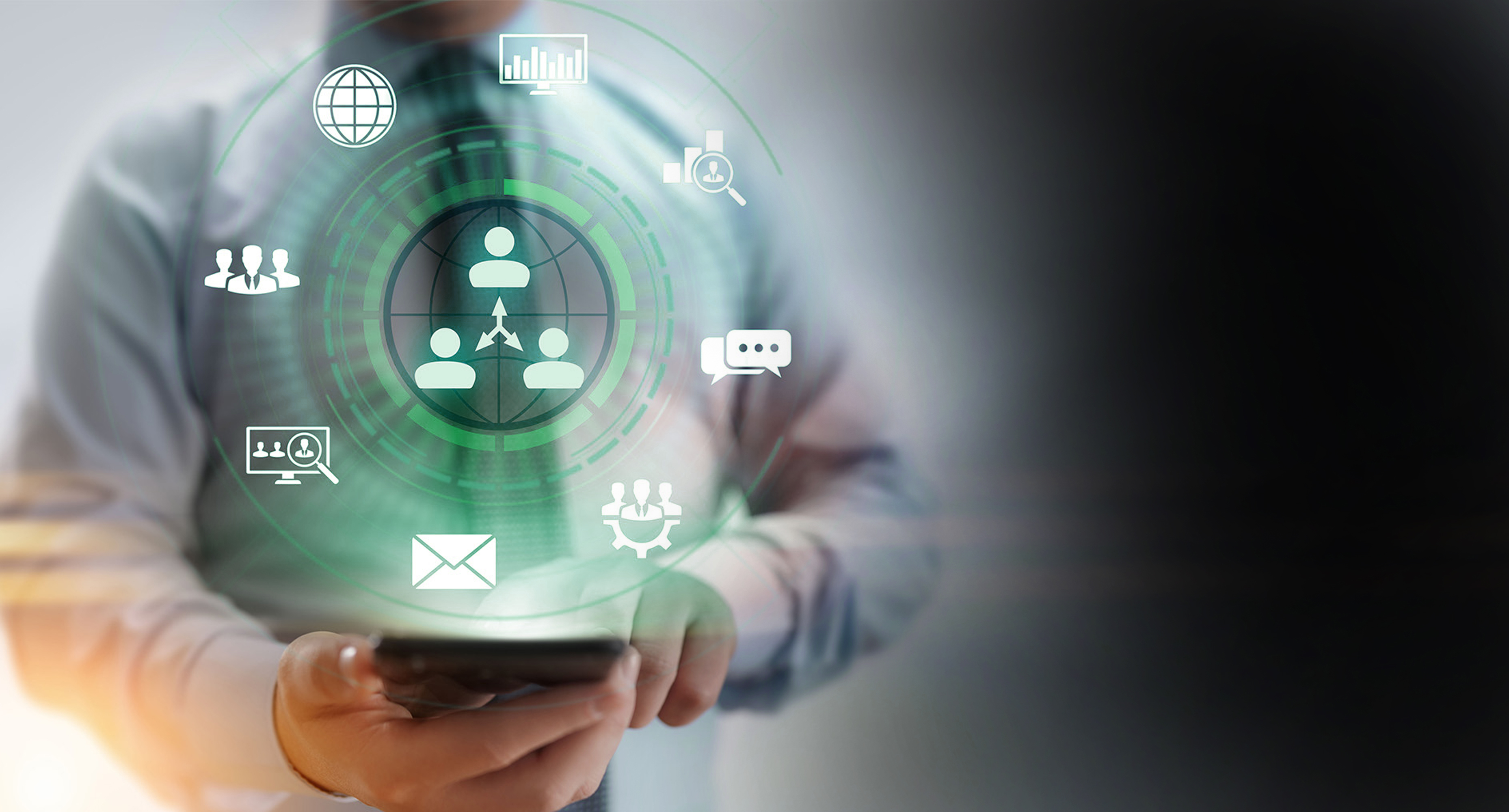 Image of lead tracking software with icons for data analytics, messaging, and customer interaction