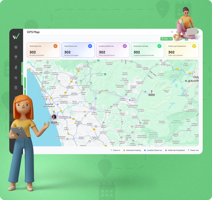 GPS tracking dashboard for field sales teams showing live employee locations, route tracking, and field activity monitoring