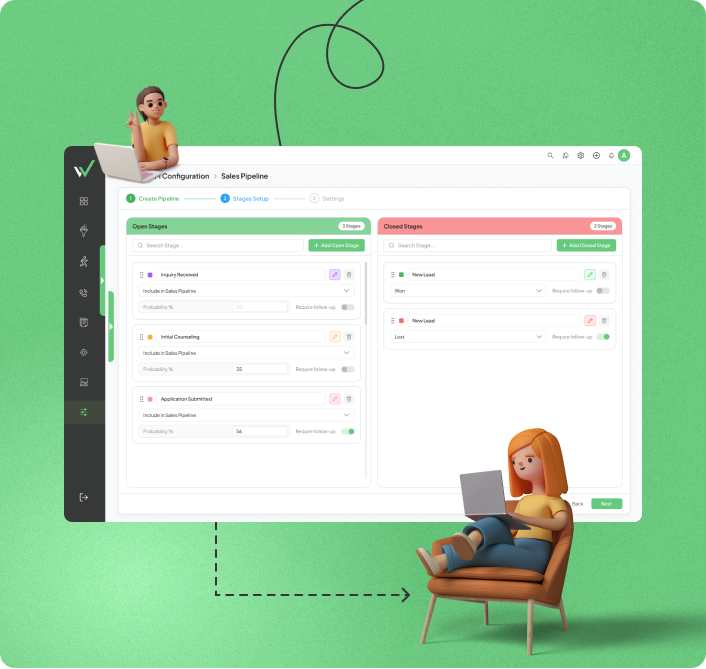 Lead management dashboard displaying leads, customers, sales pipeline, follow-up activities, and customer information in one view