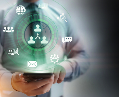 visual of lead management tool featuring digital elements for collaboration, engagement, and CRM functions