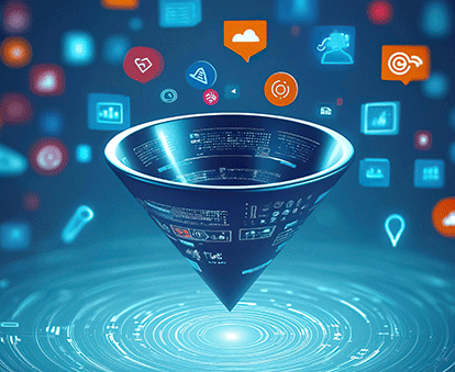 visual of lead management tool featuring digital elements for collaboration, engagement, and CRM functions